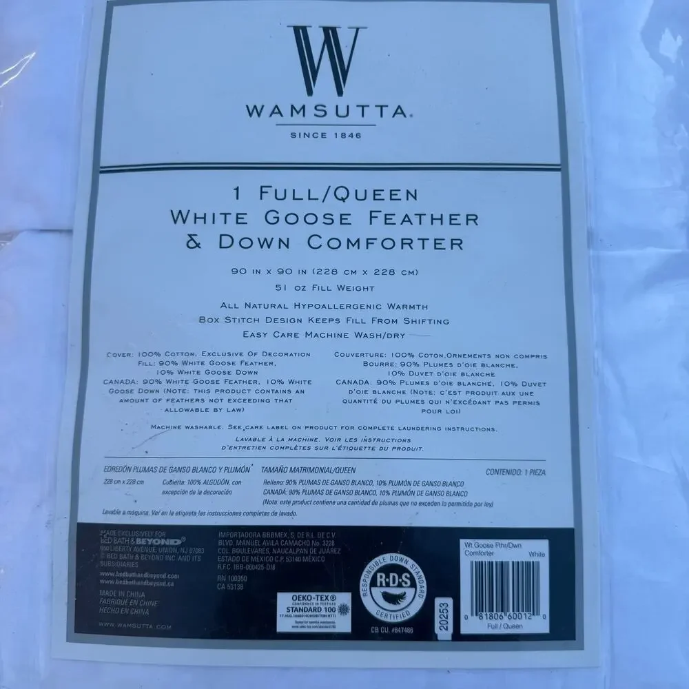 Wamsutta White Goose Feather & Down Comforter 100% Cotton Cover Full/Queen NEW